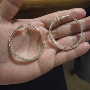 Sparkling Silver Tone Crystal Hoop Earrings - Women Jewelry